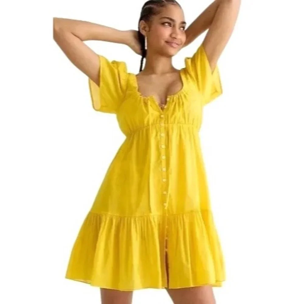 J Crew Dress Women XXS Yellow NWT Cotton Voile Tiered Button Front Beach‎ Boho